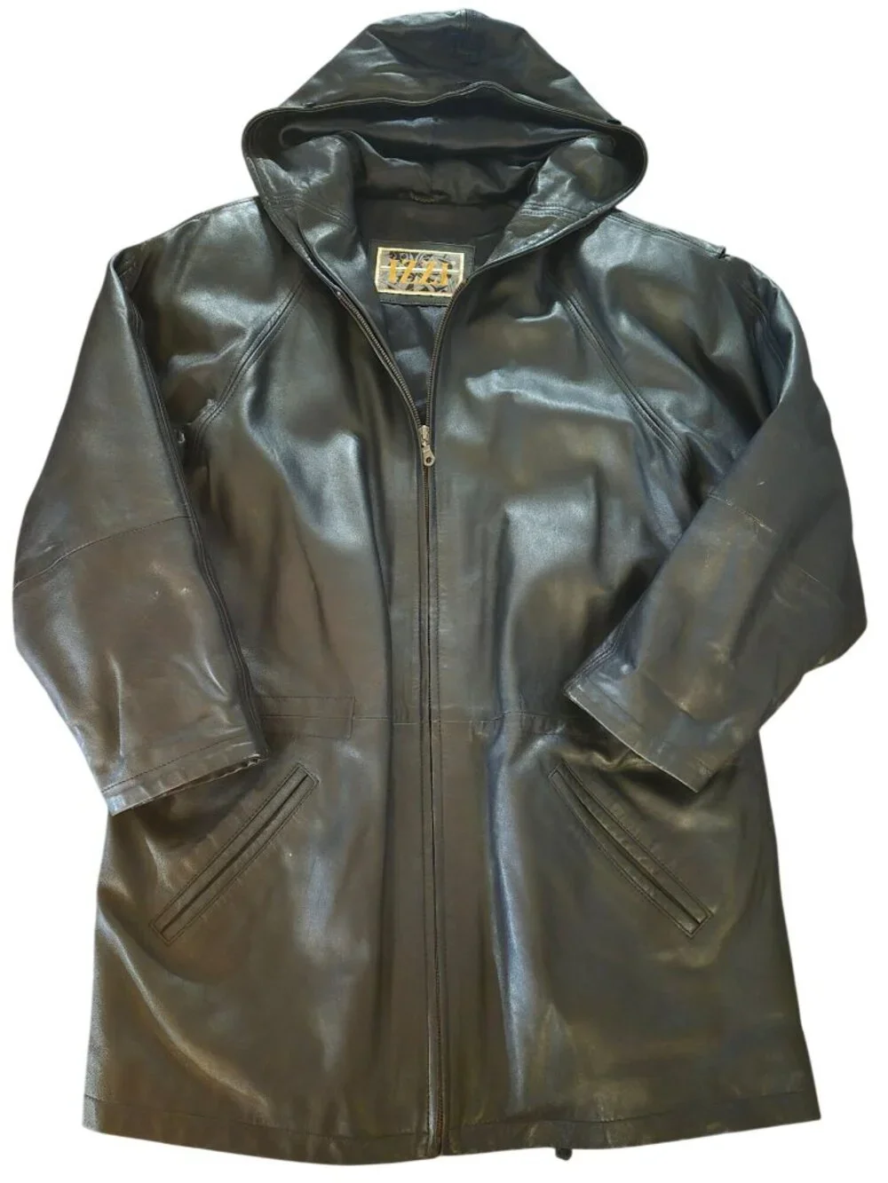 Vintage Izzi Black Leather Hooded Zip-Up Jacket Medium - Picture 2 of 8